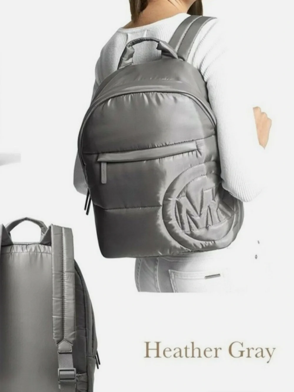 MICHAEL KORS RAE MEDIUM QUILTED NYLON BACKPACK MK LOGO DARK GRAY